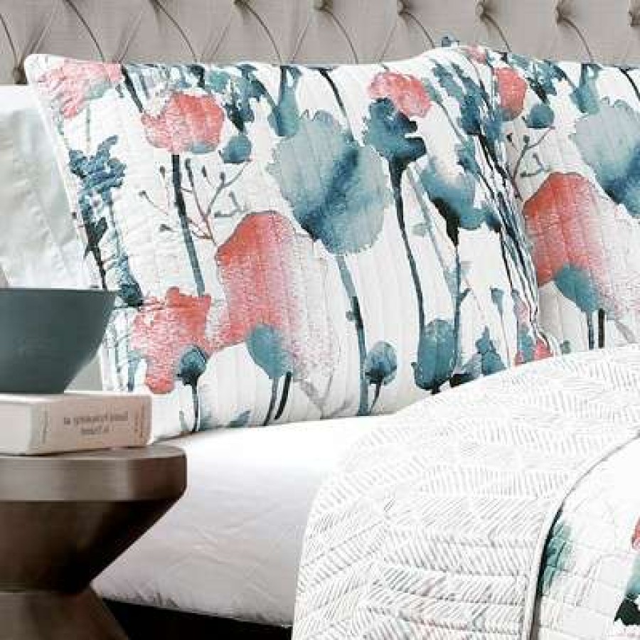 Quilt Bedding Sets * | Wholesale Lush Decor Blue & Coral Zuri Floral Quilt Set Lush Decor