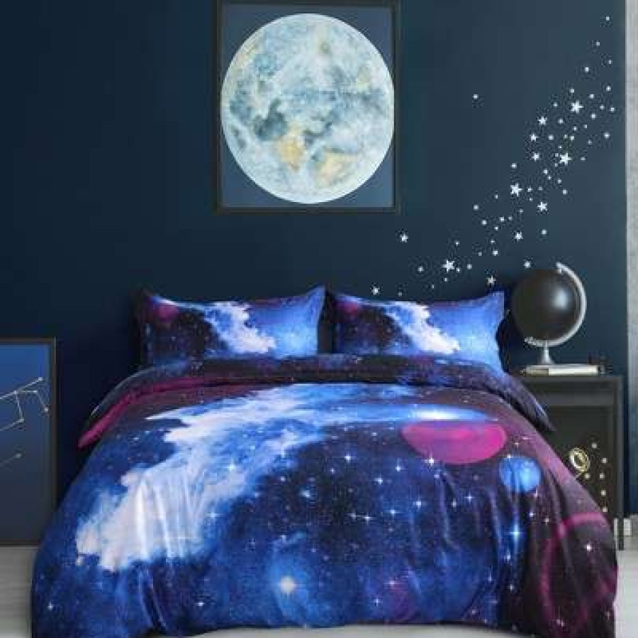 Duvet Cover Bedding Sets * | Best Pirce 3 Pcs Queen Polyester Galaxy Sky Cosmos Night Pattern 3D Printed Bedding Sets Sky Blue Piccocasa