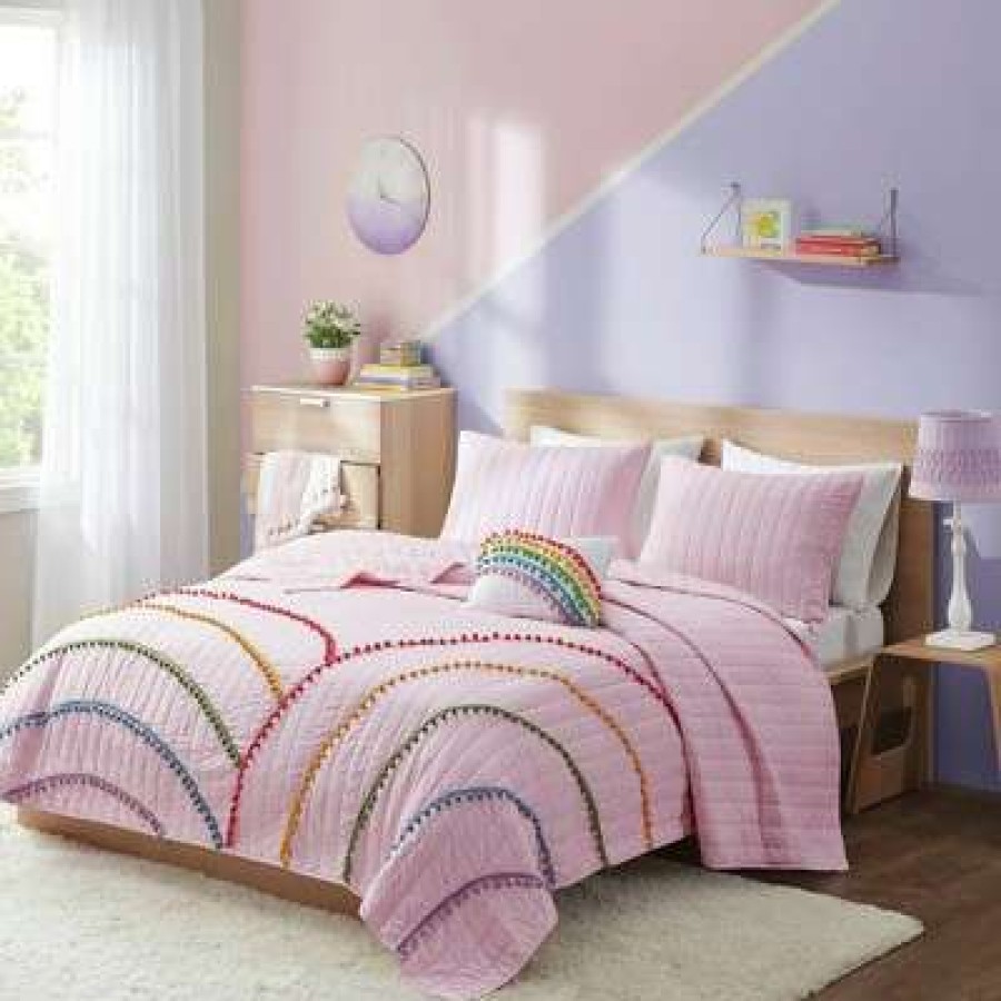 Coverlet Bedding Sets * | Brand New Mi Zone Leah Rainbow/Pompom Trim Coverlet Set Pink