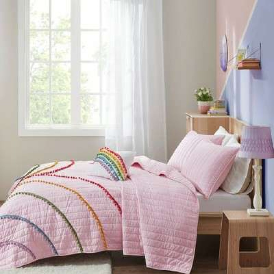 Coverlet Bedding Sets * | Brand New Mi Zone Leah Rainbow/Pompom Trim Coverlet Set Pink