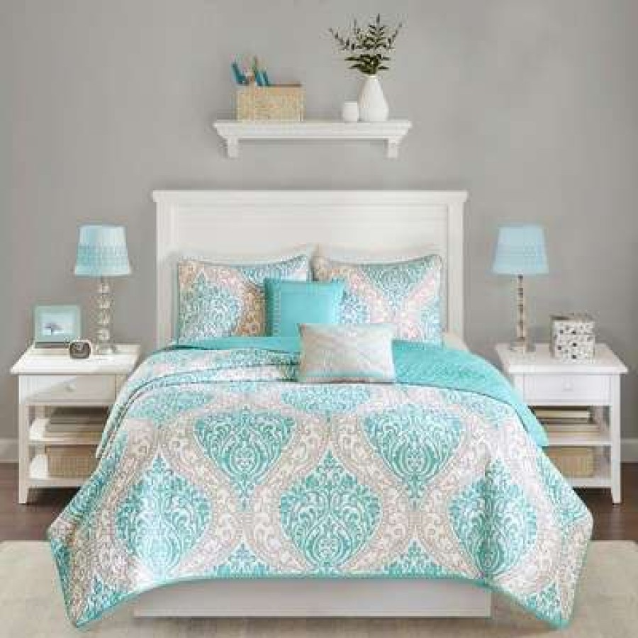 Quilt Bedding Sets * | Flash Sale Intelligent Design Chelsea Damask Quilted Coverlet Set Aqua