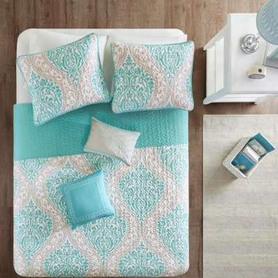 Quilt Bedding Sets * | Flash Sale Intelligent Design Chelsea Damask Quilted Coverlet Set Aqua