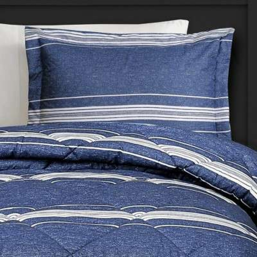 Comforter Bedding Sets * | Top 10 Lush Decor 3Pc Full/Queen Marlton Stripe Comforter Set Navy Lush Decor