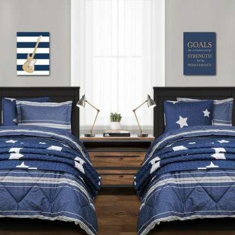 Comforter Bedding Sets * | Top 10 Lush Decor 3Pc Full/Queen Marlton Stripe Comforter Set Navy Lush Decor