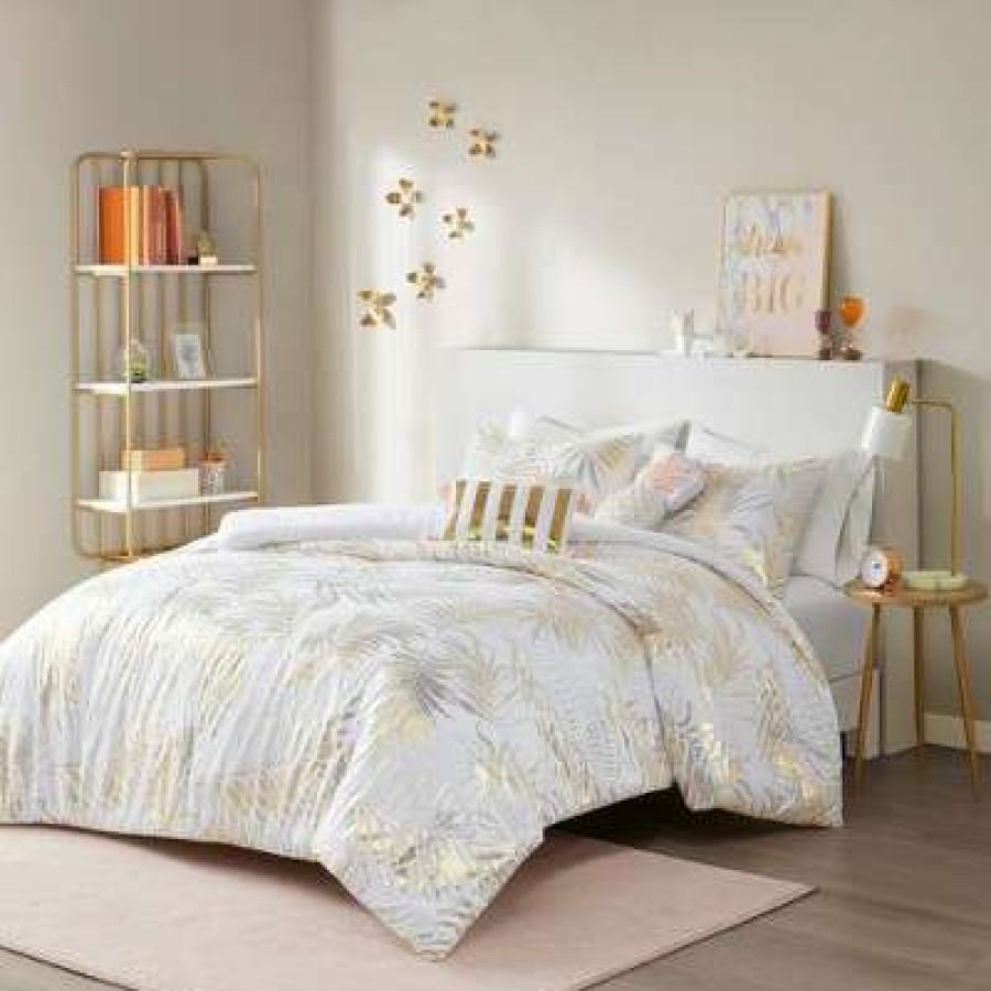 Comforter Bedding Sets * | Hot Sale Intelligent Design Liliana Tropical Metallic Printed Comforter Set Gold