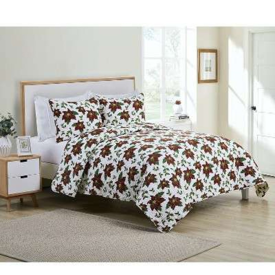 Quilt Bedding Sets * | Top 10 Kate Aurora Holiday Living 3 Piece Christmas Poinsettia Quilt Blanket Set