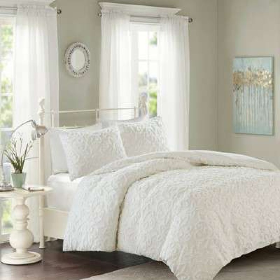 Duvet Cover Bedding Sets * | New Madison Park Amber Tufted Cotton Chenille Duvet Cover Set White