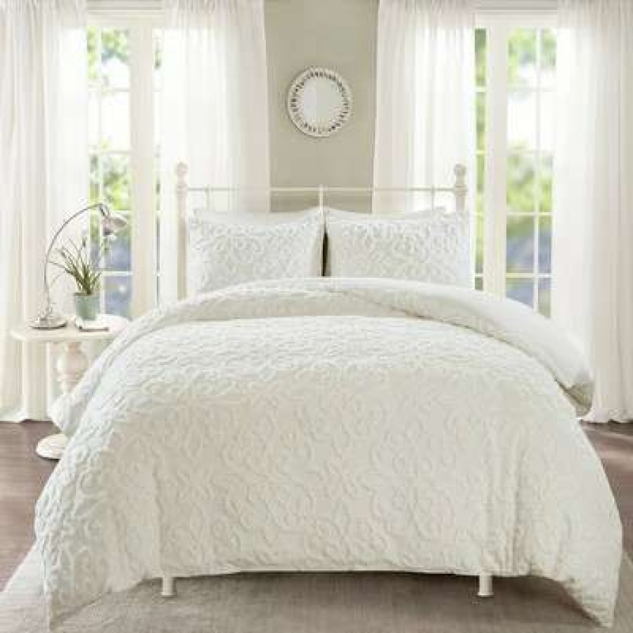 Duvet Cover Bedding Sets * | New Madison Park Amber Tufted Cotton Chenille Duvet Cover Set White