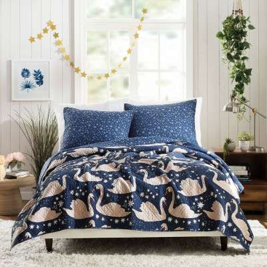 Quilt Bedding Sets * | Discount Full/Queen 3Pc Swanning Around Quilt Set Navy Makers Collective