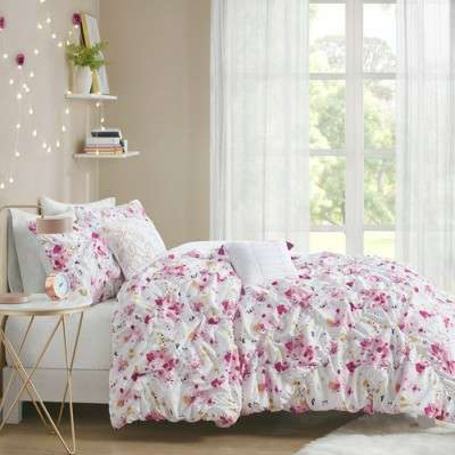 Comforter Bedding Sets * | Wholesale Intelligent Design Penelope Floral Printed Ruched Comforter Set Pink