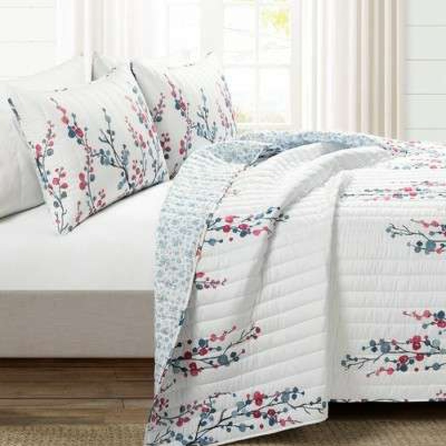 Quilt Bedding Sets * | Wholesale Lush Decor 3Pc Mirabelle Watercolor Floral Reversible Quilt Set Blue/Coral Lush Decor